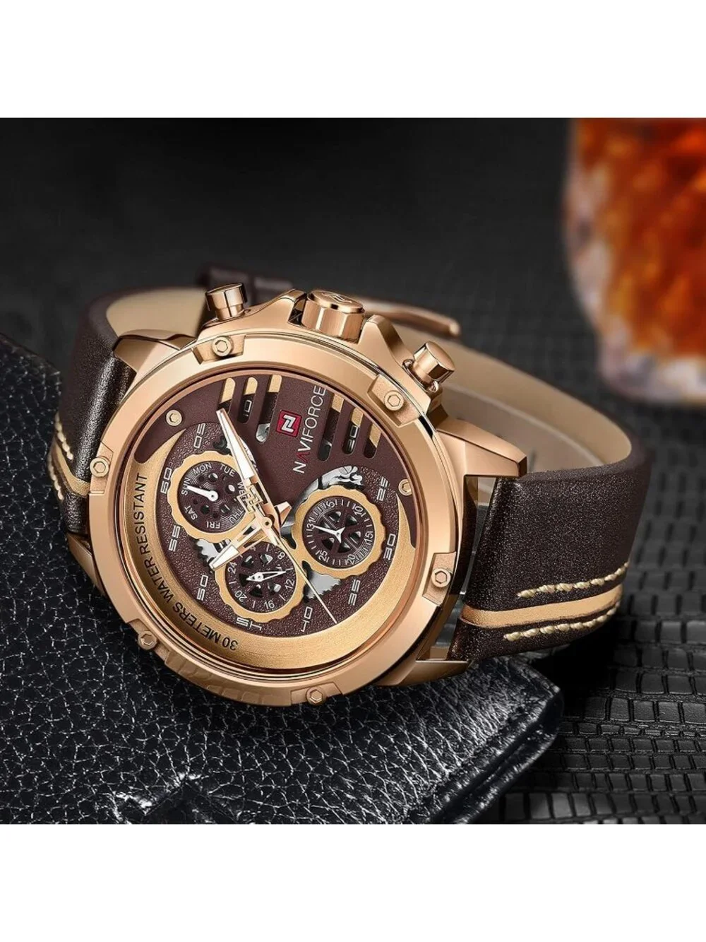 Mens Rose Gold Coffee Brown Analog Leather Band Waterproof Military Wrist Watch